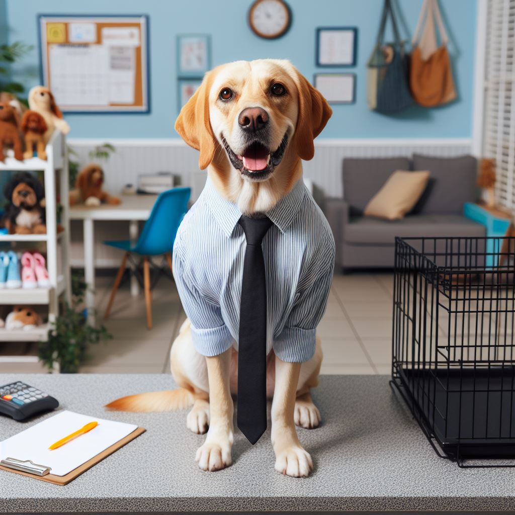 A dog that is a receptionist wearing a cute tie looking so professional